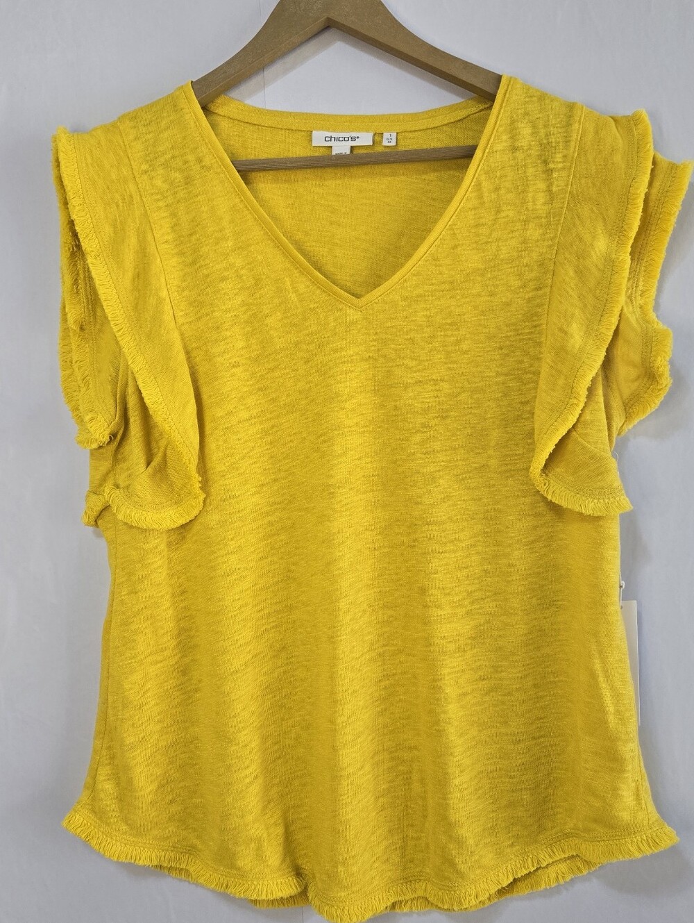Chico's Size 1 (Med) Yellow 100% Linen V-NeckTop, Fray Detail & Fun Sleeves NWT